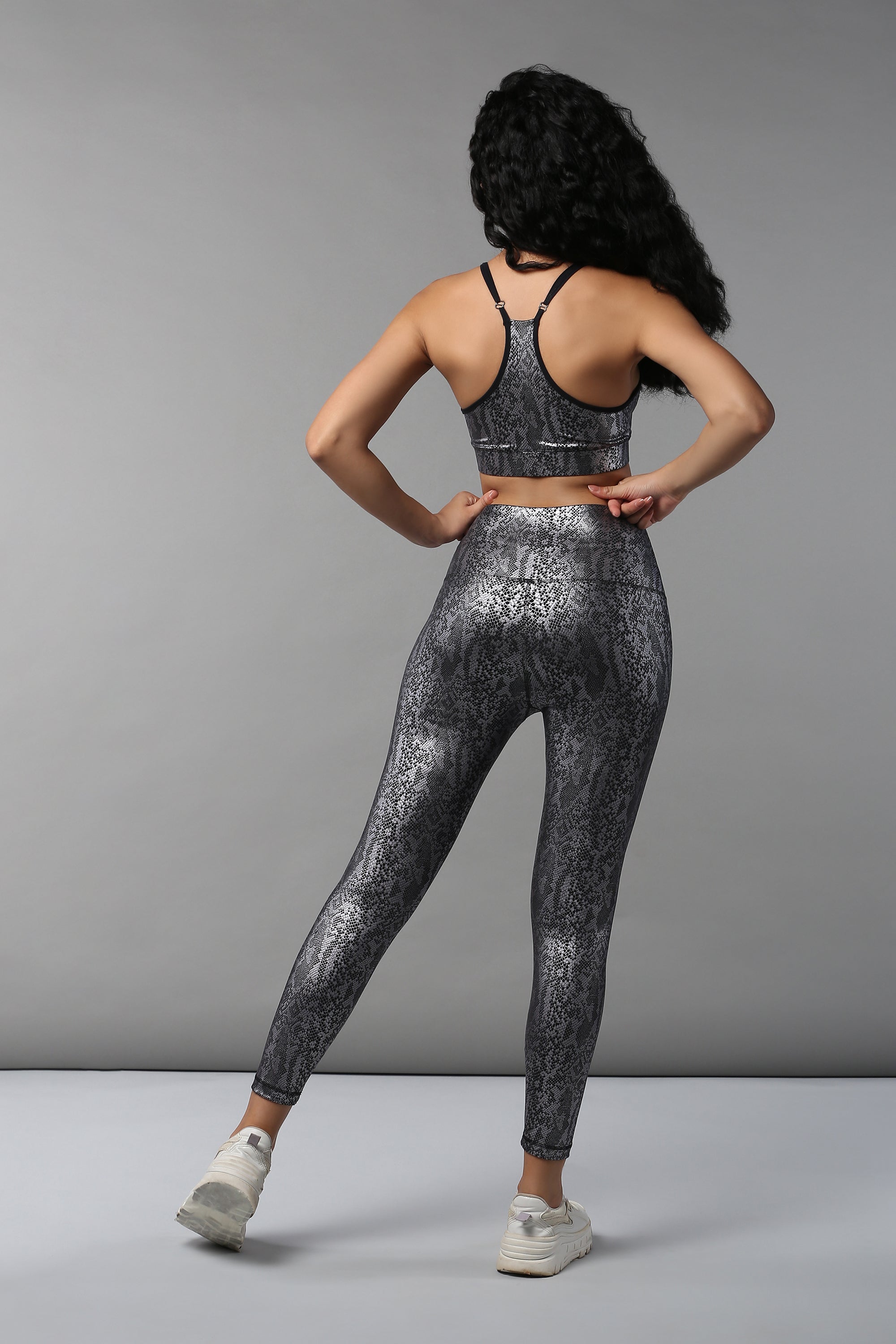 Black  Silver Shimmer Print Sports Bra and Leggings
