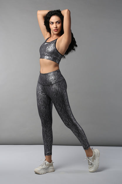 Black  Silver Shimmer Print Sports Bra and Leggings