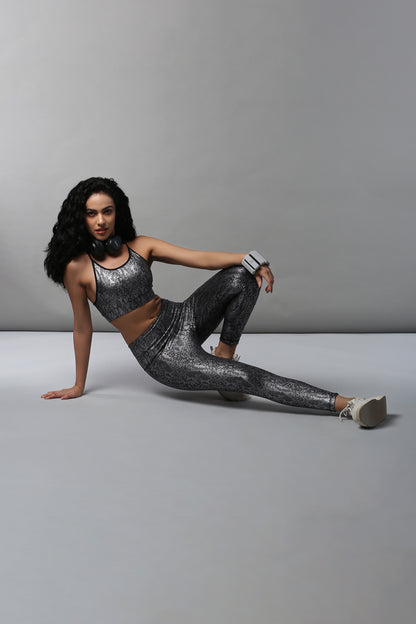 Black  Silver Shimmer Print Sports Bra and Leggings