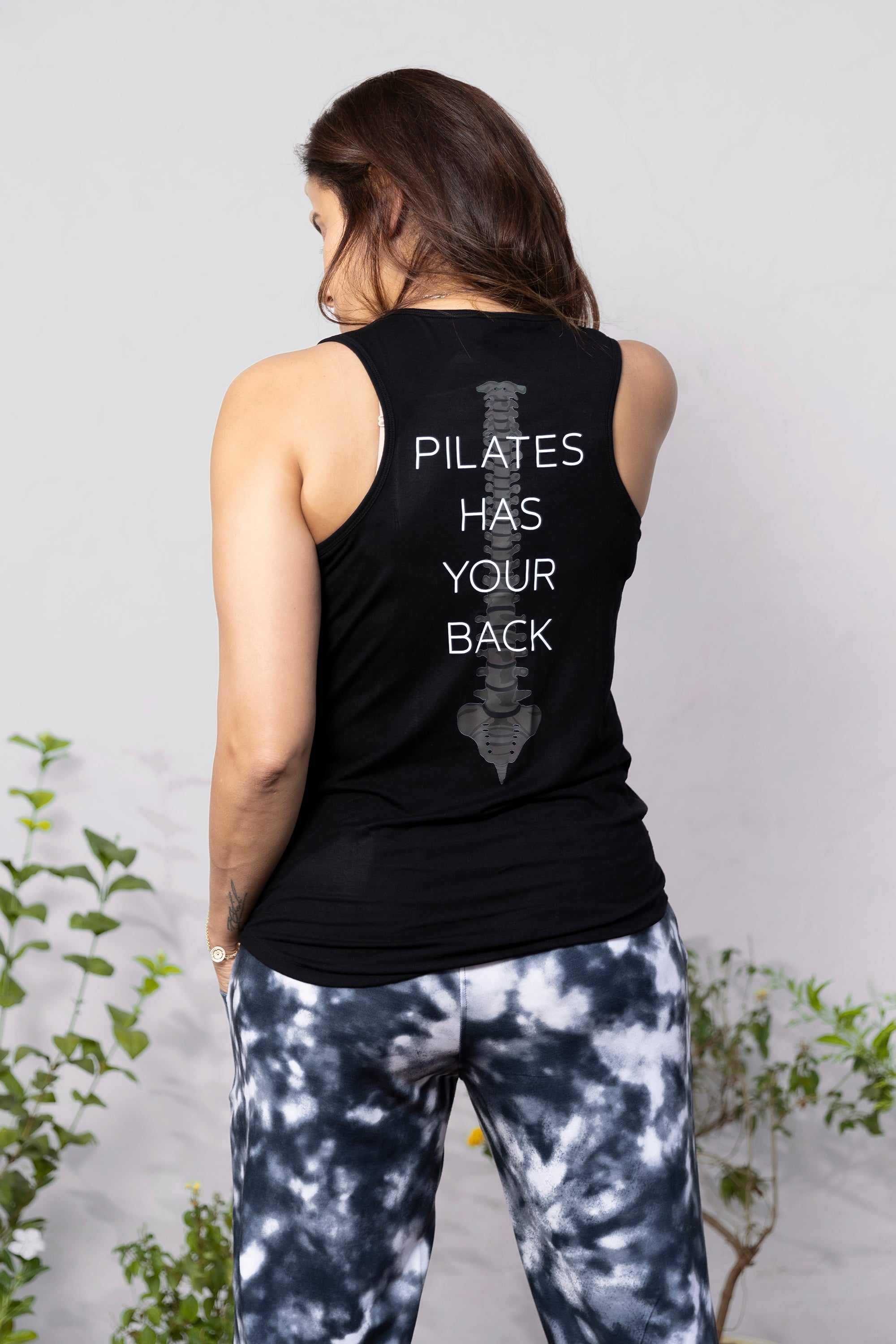 'Pilates Has Your Back' Printed Racer Black Top