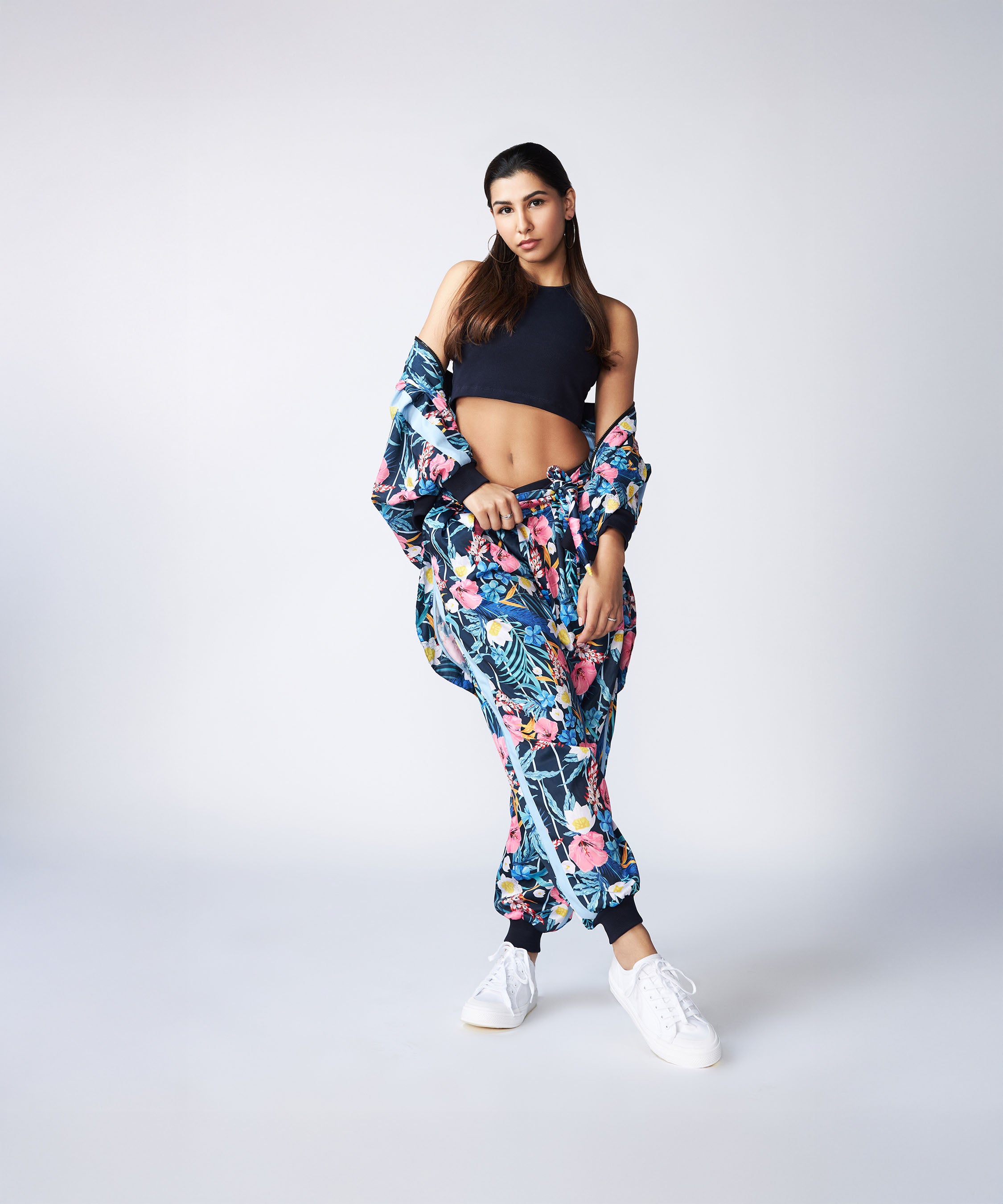 Woman wearing the Tuna Active Floral Co-ord Set, posing confidently against a plain light background.