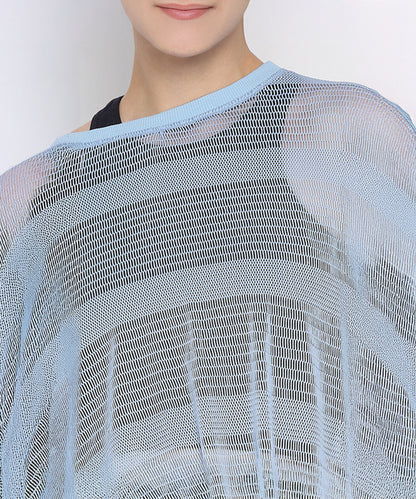 Model wears the Blue Netted Top over a black shirt, visible from shoulders to mouth, for a subtle sporty look against a plain background.