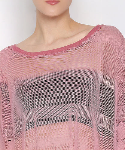 Wearing the Pink Netted Top with a wide neckline and sheer pink knit design, paired with stylish leggings and visible black stripes underneath, creates a sporty and fashionable look.