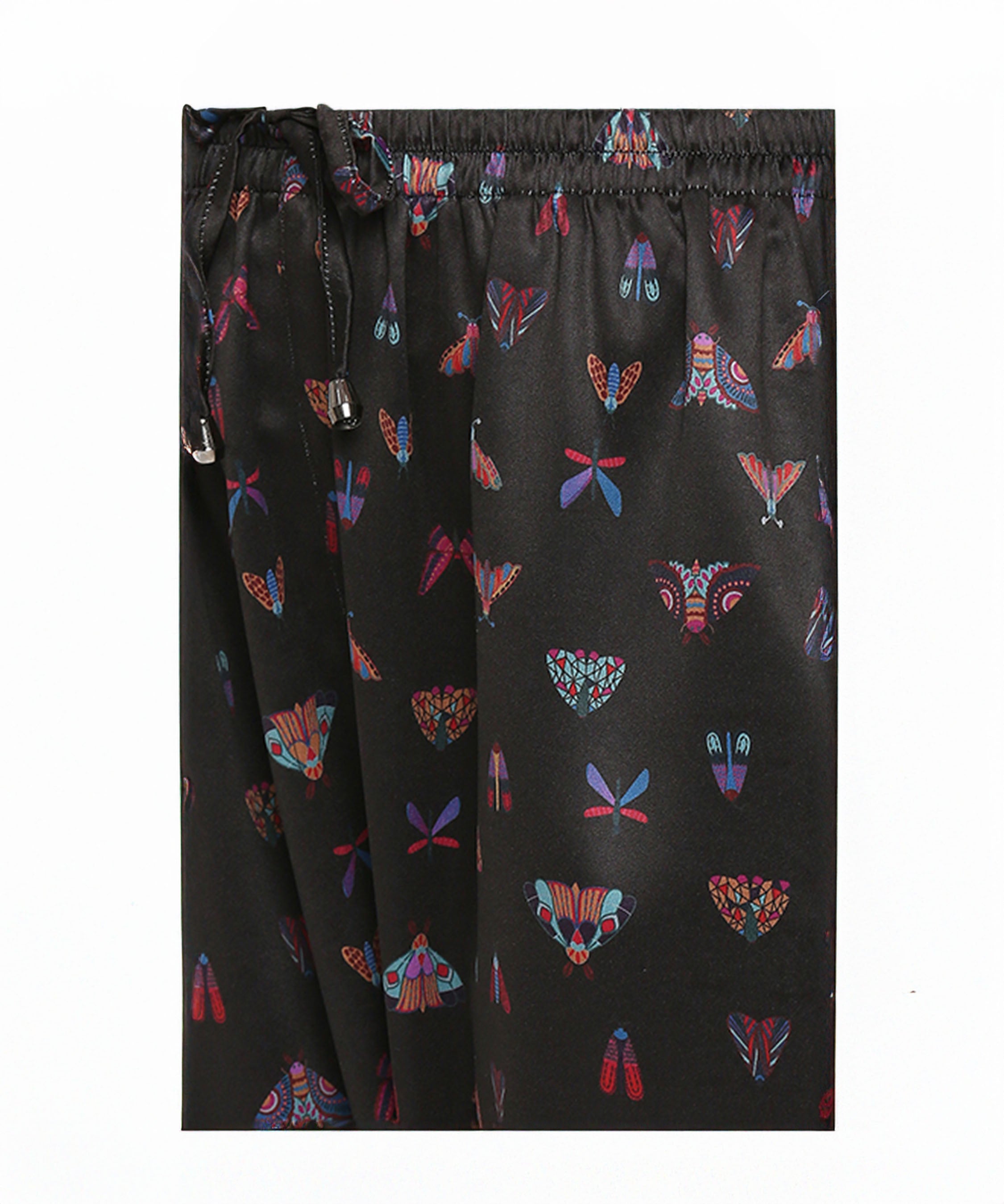 Tuna Active Butterfly Joggers: Black satin joggers with vibrant moth and butterfly prints, finished with a drawstring waistband—add a bold statement to your style with these unique, eye-catching joggers.
