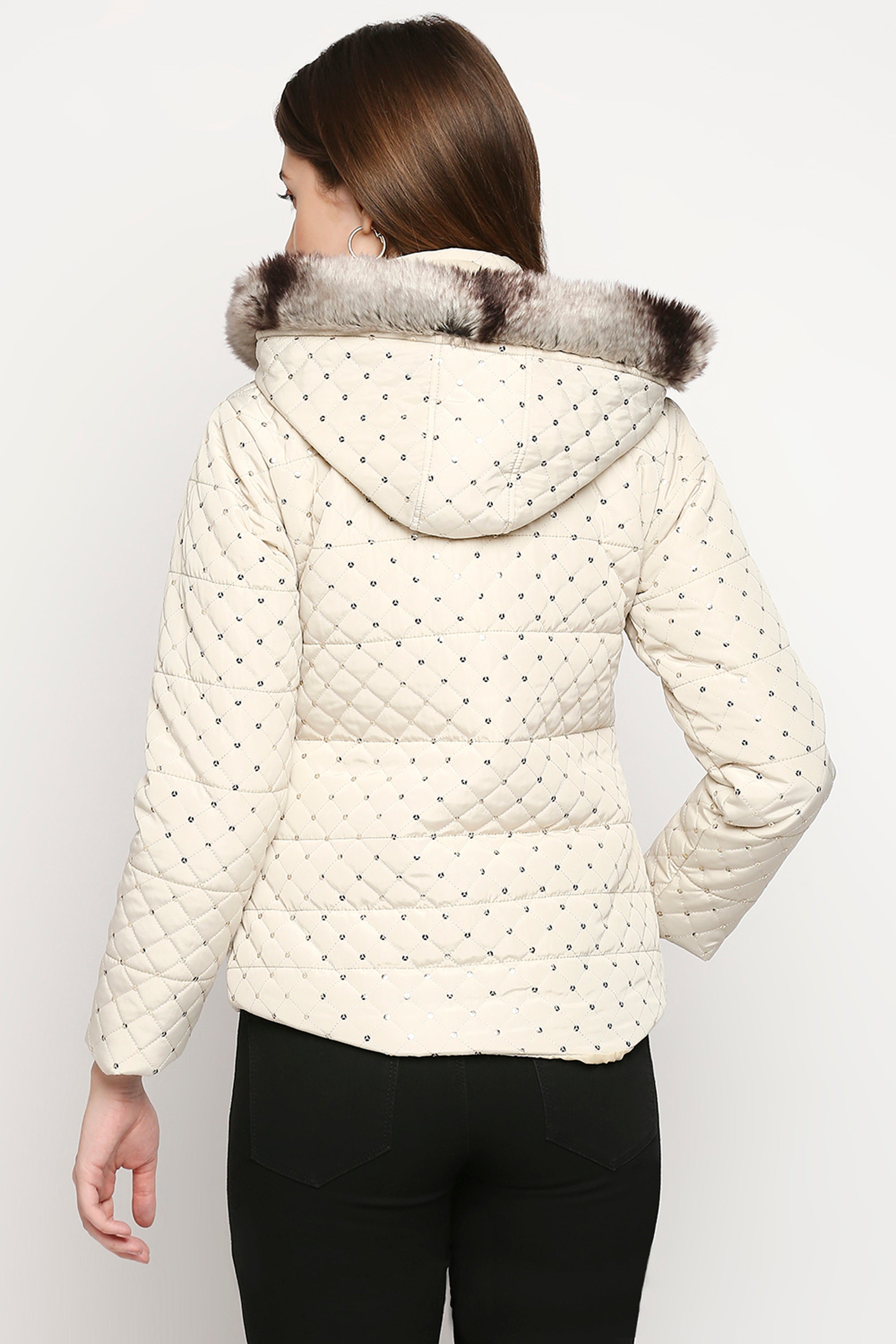 Off White Mid Length High Collar Puffer Jacket With Detachable Fur Hoodie