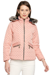 Baby Pink Mid Length High Collar Puffer Jacket With Detachable Fur Hoodie