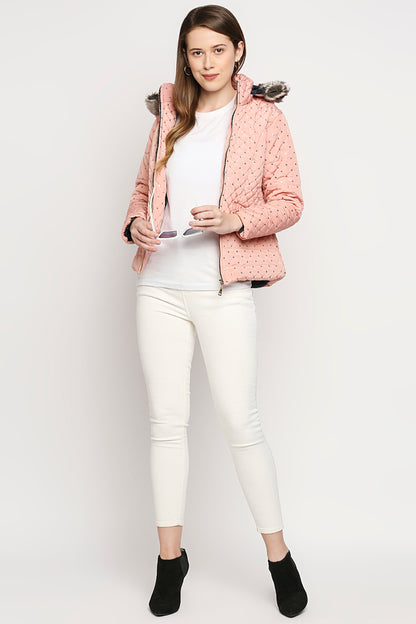 Baby Pink Mid Length High Collar Puffer Jacket With Detachable Fur Hoodie