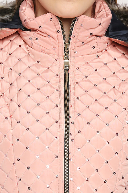 Baby Pink Mid Length High Collar Puffer Jacket With Detachable Fur Hoodie