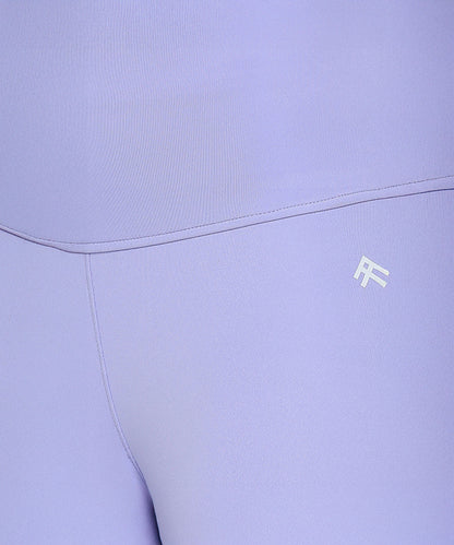 Close-up of the Tuna Active Lavender Co-ord Set, a women's activewear staple, showcasing lavender leggings with a small white logo near the hip.