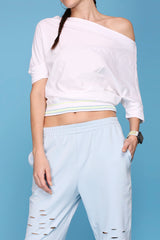 Off Shoulder White Rib/ Light Blue Ripped Joggers AW21
