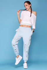 Off Shoulder White Rib/ Light Blue Ripped Joggers AW21