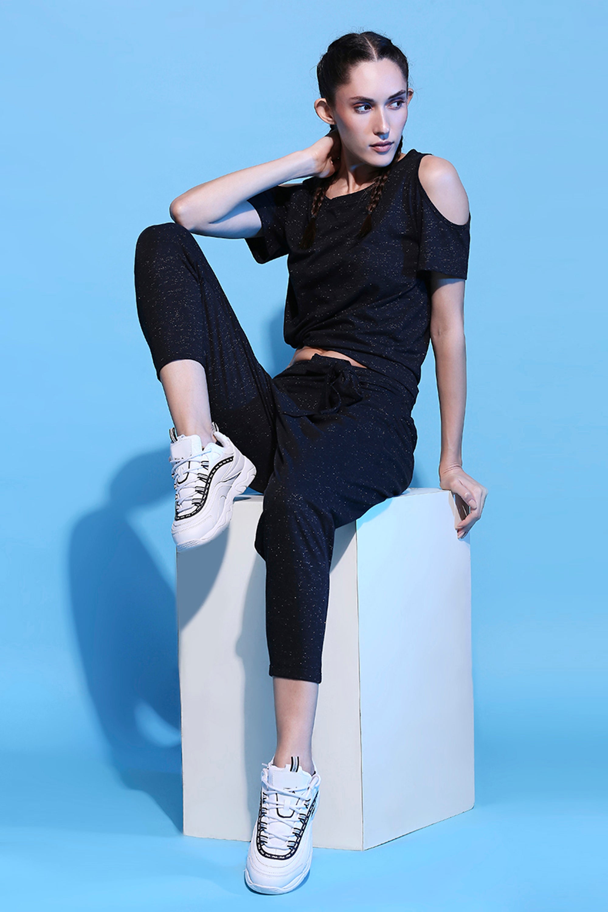 Shimmer Cold Shoulder Tee (Customised)+ Side Tie Up Shimmer Yoga Pants- AW21