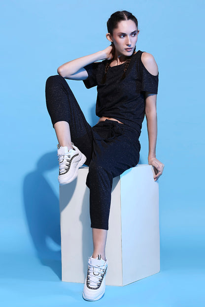 Shimmer Cold Shoulder Tee (Customised)+ Side Tie Up Shimmer Yoga Pants- AW21