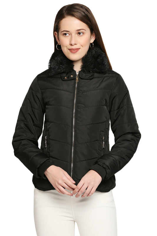 Black Fur Collar Mid Length Puffer Jacket With Zip Details