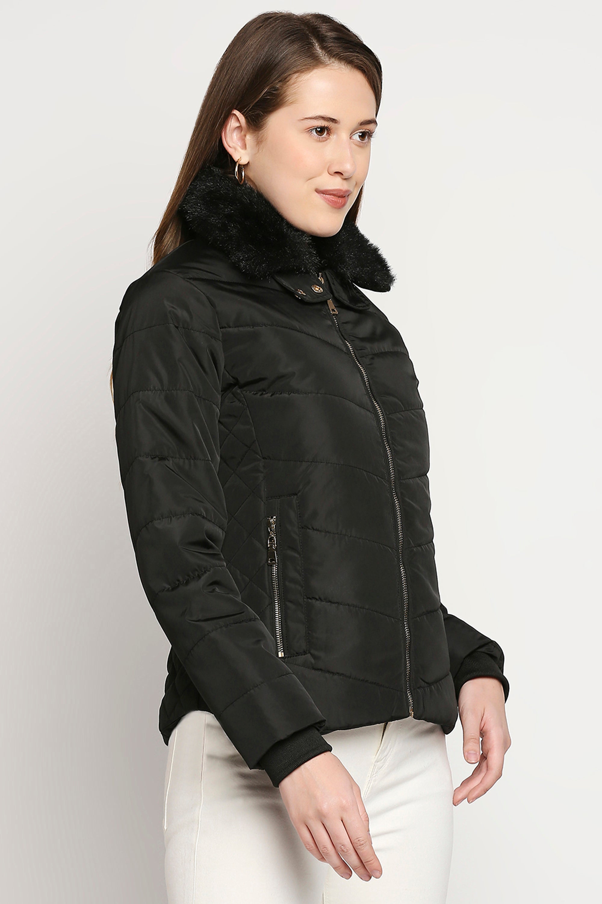 Black Fur Collar Mid Length Puffer Jacket With Zip Details