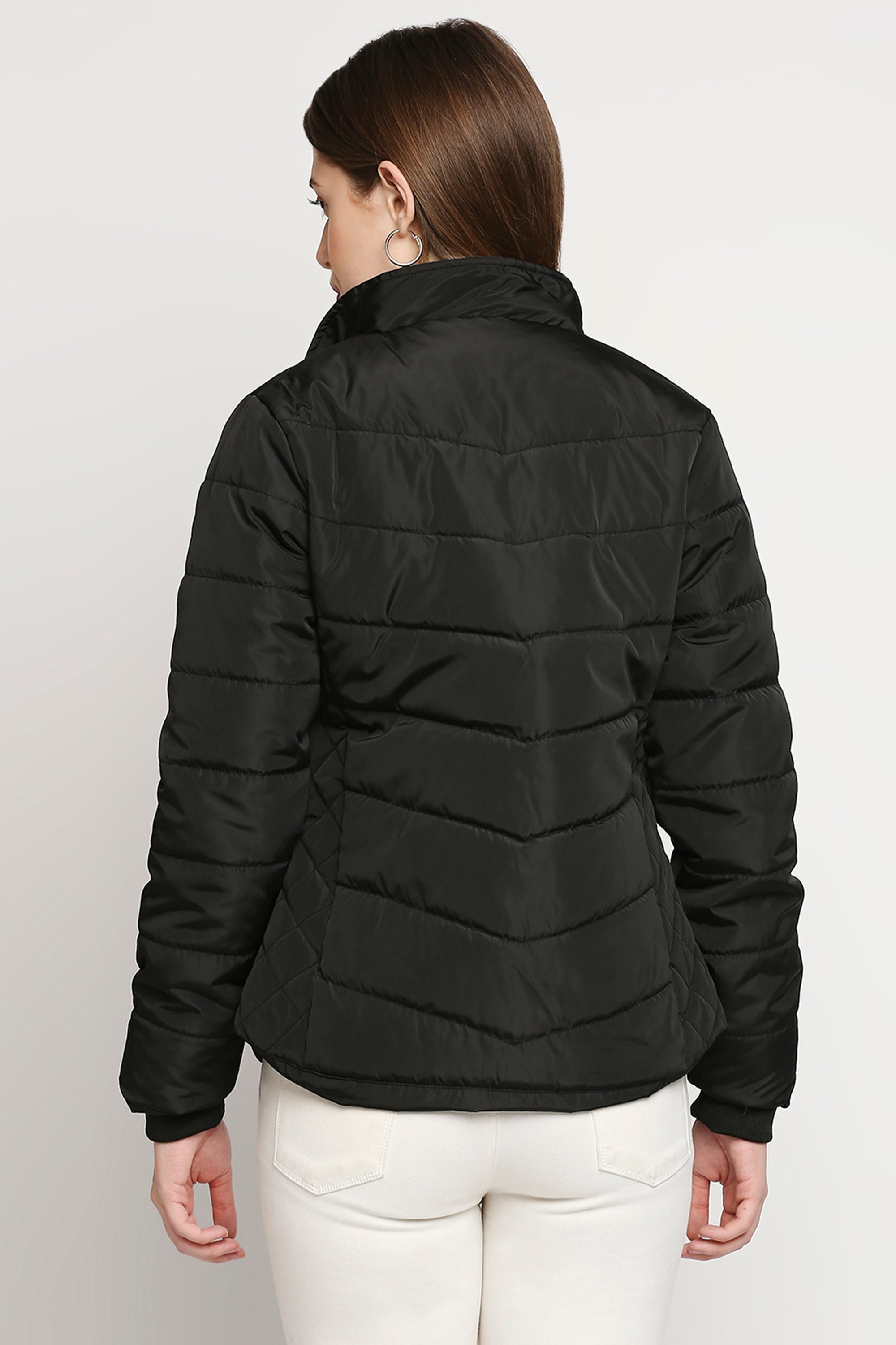 Black Fur Collar Mid Length Puffer Jacket With Zip Details