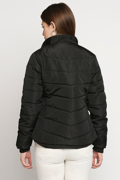 Black Fur Collar Mid Length Puffer Jacket With Zip Details