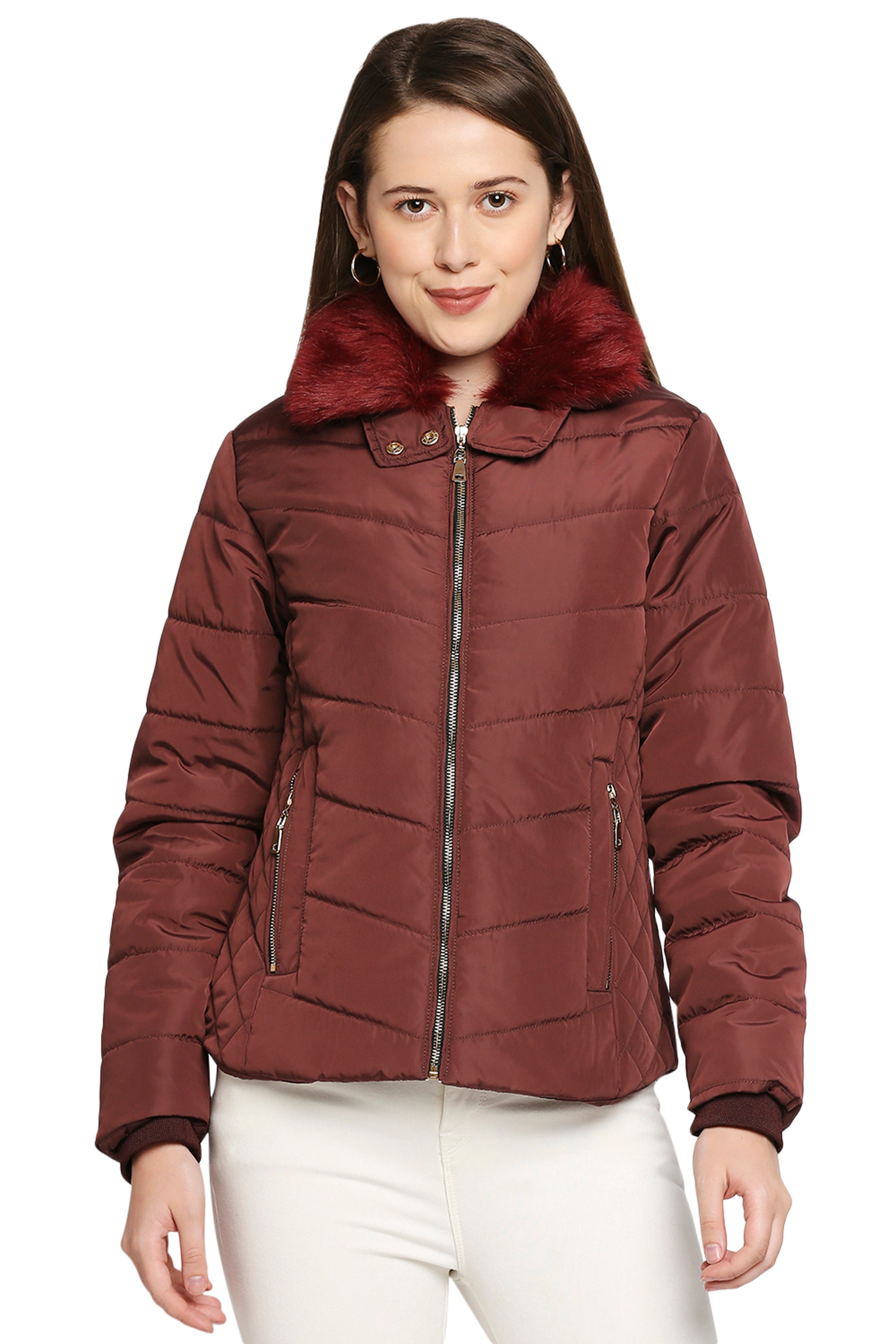 Wine Brown Fur Collar Mid-Length Puffer Jacket With Zip Details