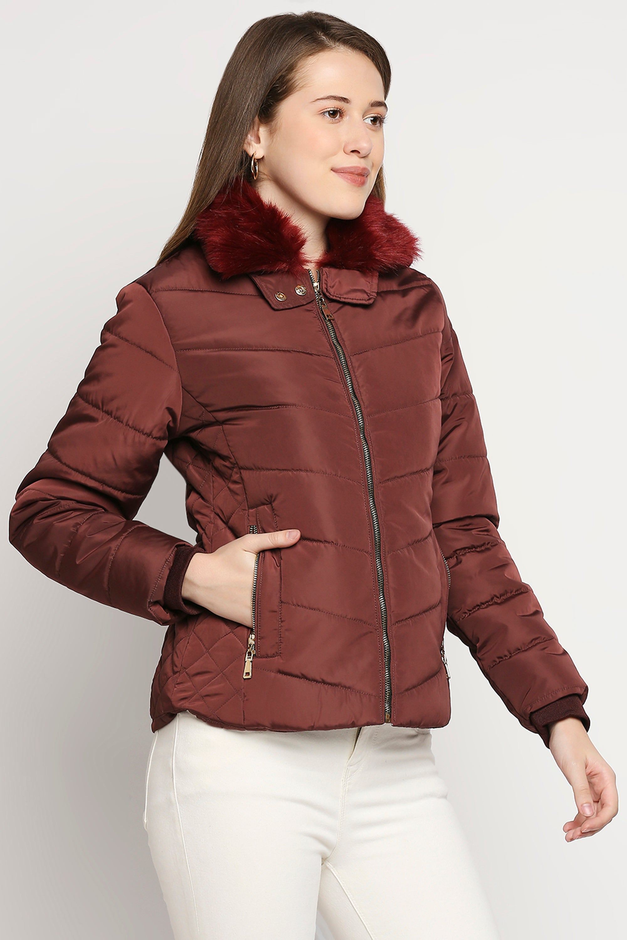 Wine Brown Fur Collar Mid-Length Puffer Jacket With Zip Details