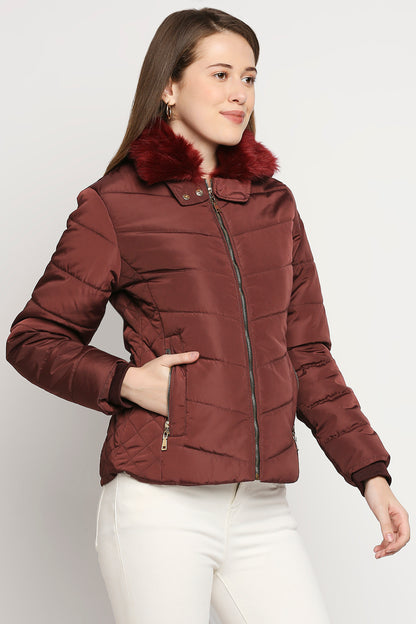 Wine Brown Fur Collar Mid-Length Puffer Jacket With Zip Details