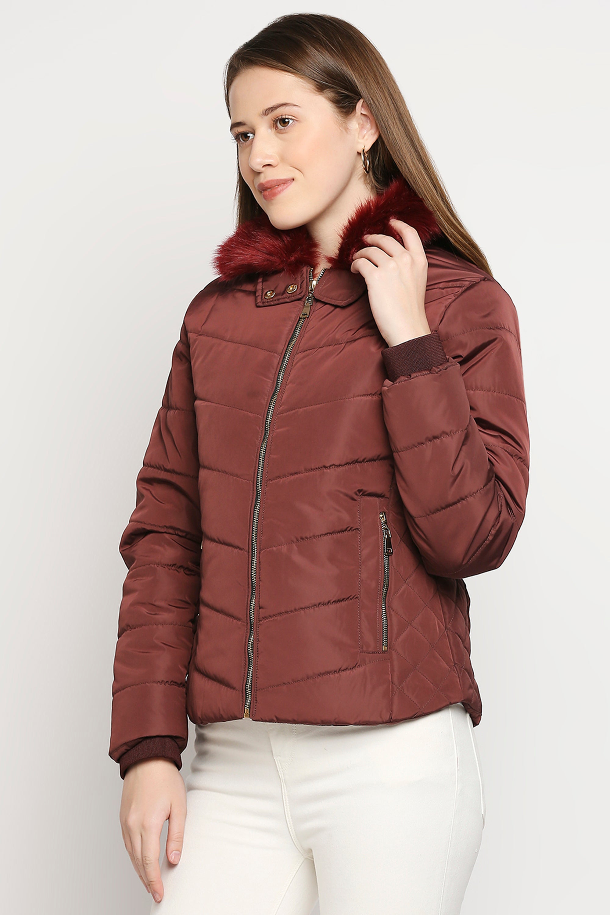 Wine Brown Fur Collar Mid-Length Puffer Jacket With Zip Details