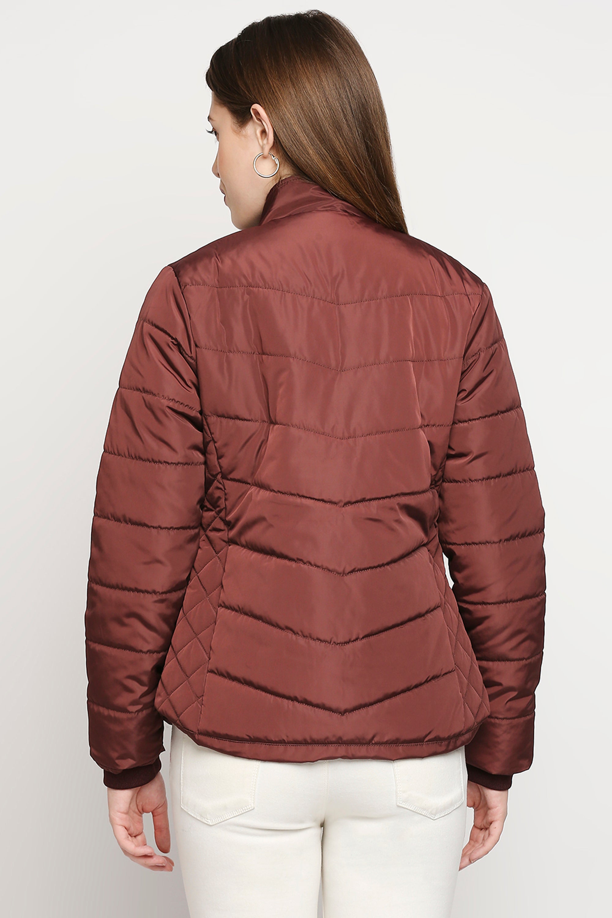 Wine Brown Fur Collar Mid-Length Puffer Jacket With Zip Details