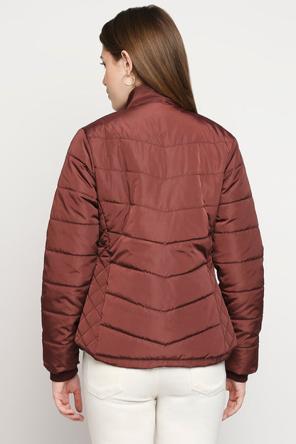 Wine Brown Fur Collar Mid-Length Puffer Jacket With Zip Details