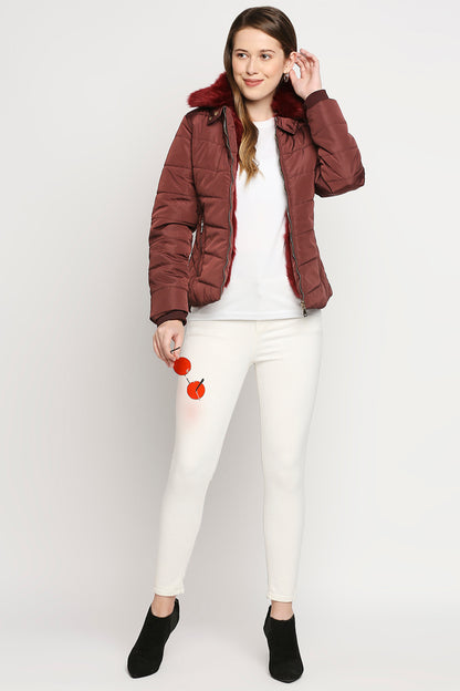 Wine Brown Fur Collar Mid-Length Puffer Jacket With Zip Details