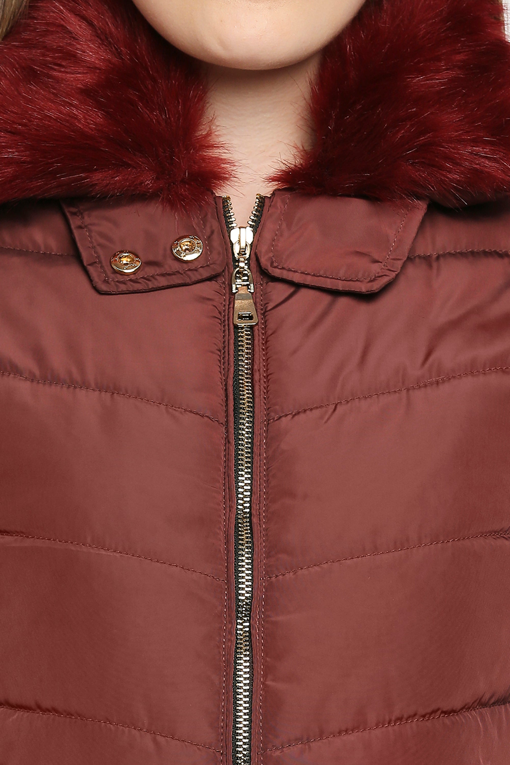 Wine Brown Fur Collar Mid-Length Puffer Jacket With Zip Details