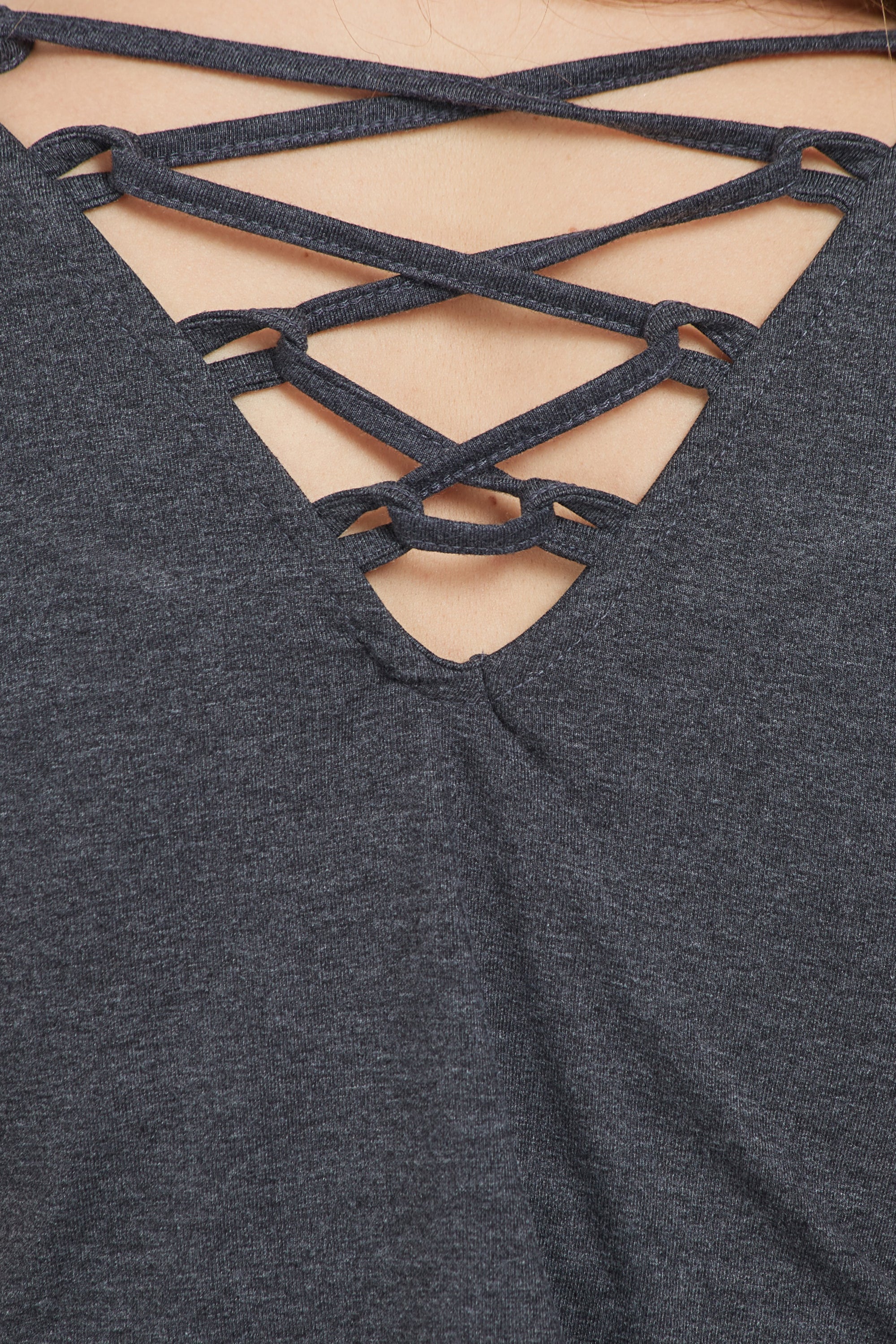 Close-up of a Grey Round Neck Tee by TUNA LONDON, designed in dark grey with moisture-wicking fabric for all-day comfort.
