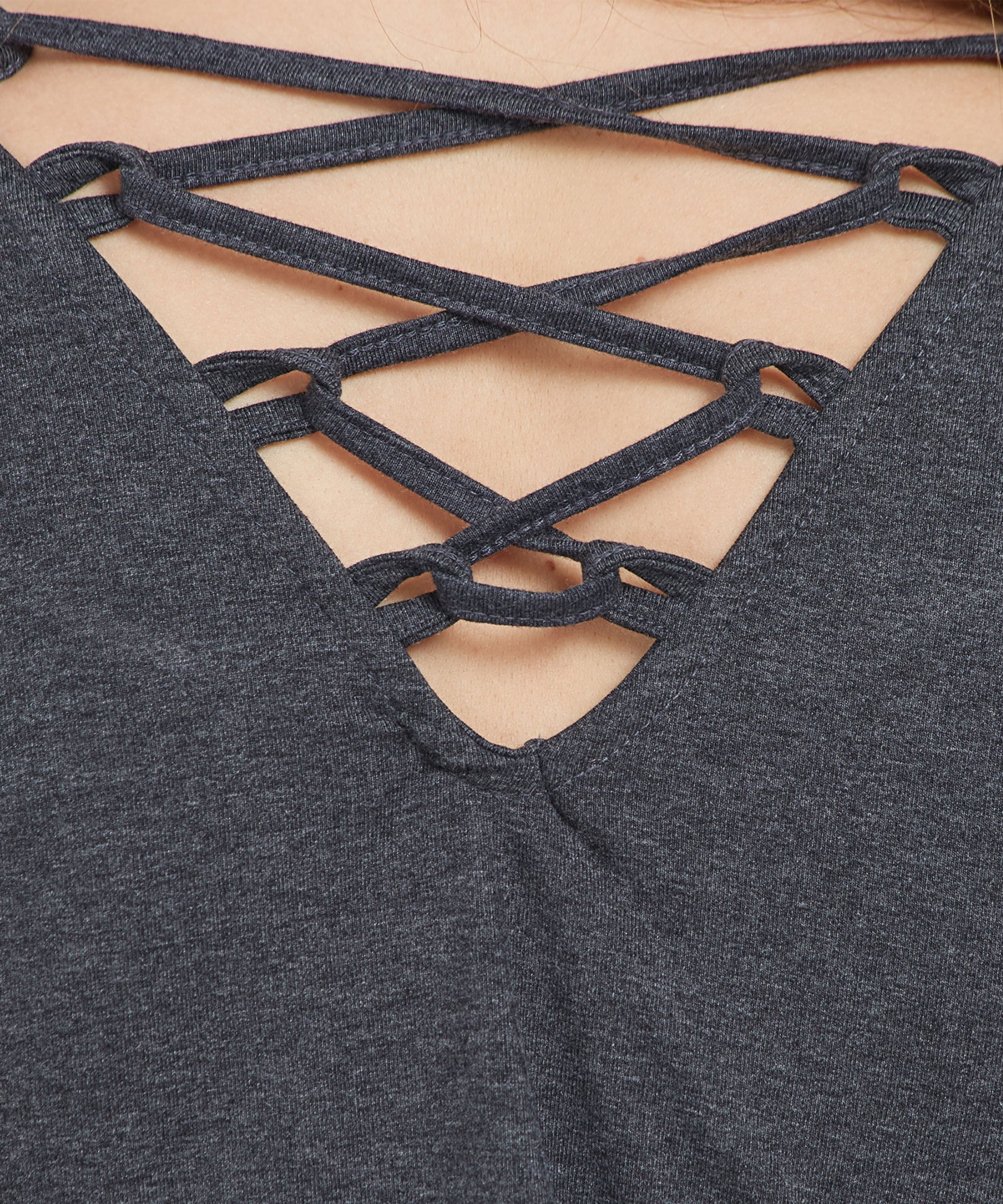 Close-up of a TUNA LONDON Grey Round Neck Tee made from soft cotton lycra, showcasing a stylish and comfortable design.