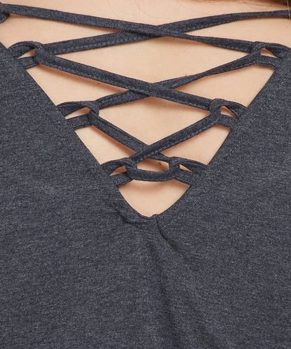 Close-up of a TUNA LONDON Grey Round Neck Tee made from soft cotton lycra, showcasing a stylish and comfortable design.