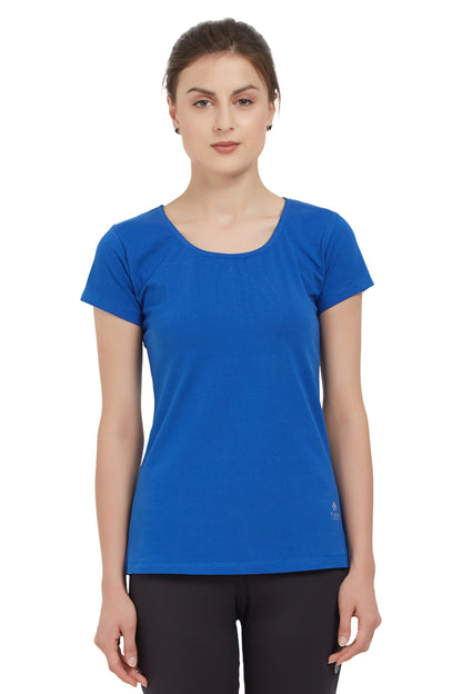 Woman with brown hair in a ponytail wearing a Royal Blue Round Neck Tee and black pants, standing facing forward.