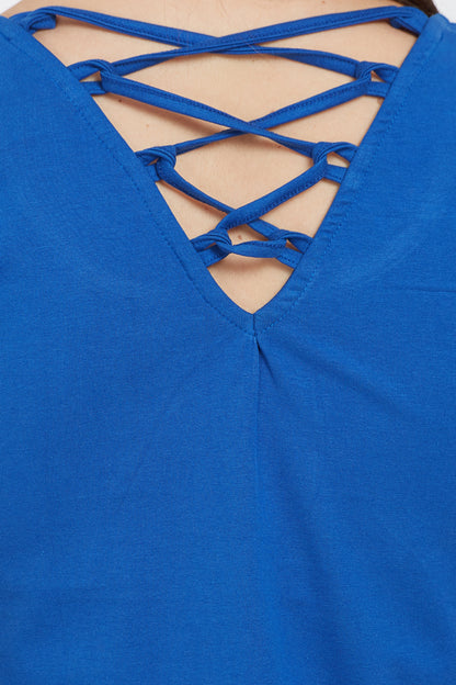 Royal Blue Round Neck Tee from TUNA LONDON crafted with moisture-wicking fabric, featuring a crisscross strap design on the back for a stylish pattern above the V-shaped neckline.