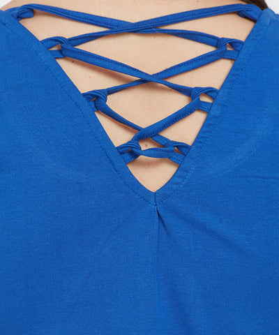 Close-up of a Royal Blue Round Neck Tee made from cotton lycra, featuring a crisscross lace-up detail on the back near the neckline.