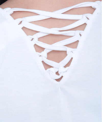 Close-up of the TUNA LONDON White Round Neck Tee TLC45, featuring a stylish crisscross lace-up back and crafted from soft cotton lycra fabric.