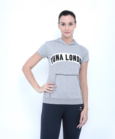 Active women will love this look: a Grey Hoodie with "TUNA LONDON" text pairs perfectly with black leggings, offering sporty style and cotton comfort.