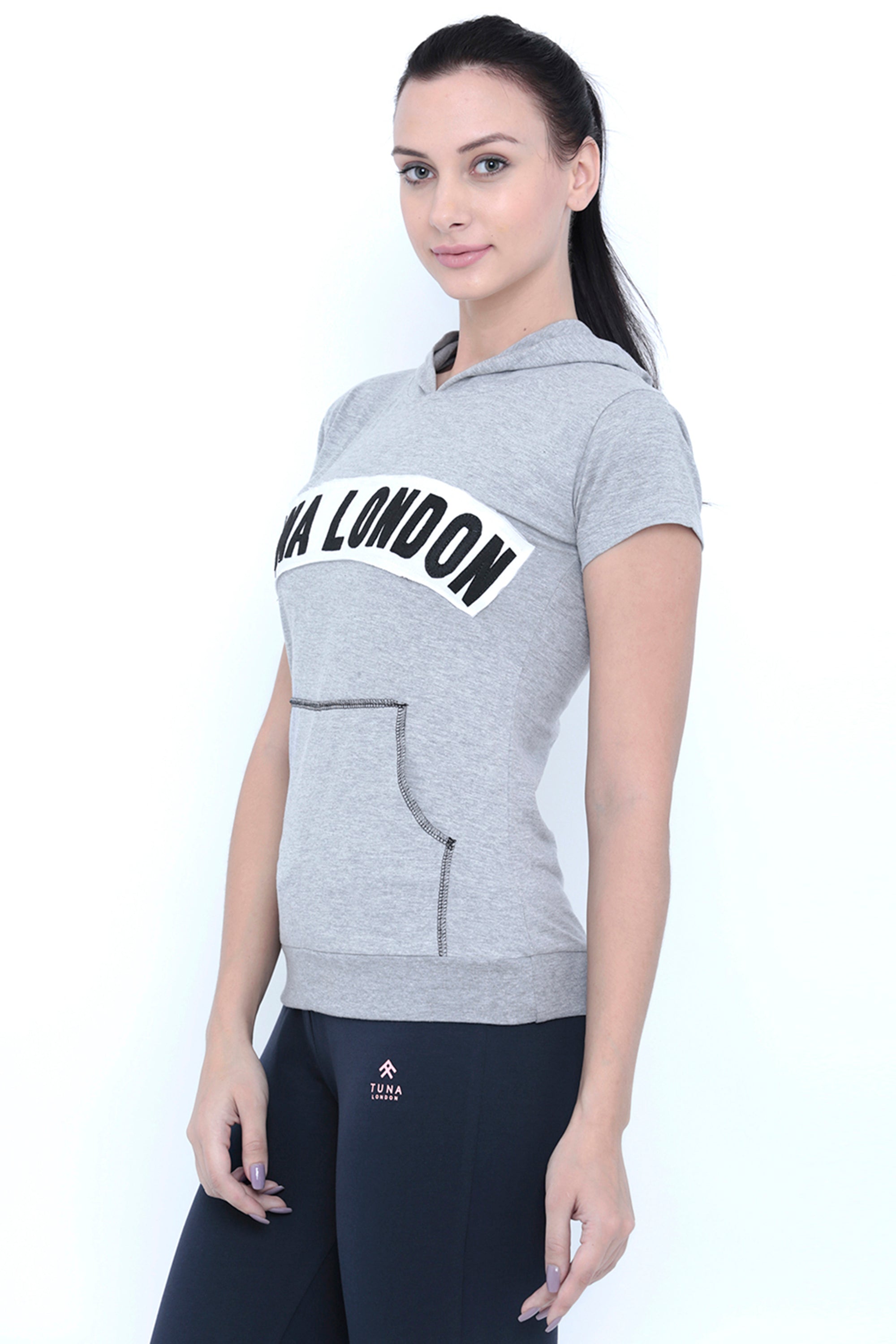 Active women will love the Grey Hoodie—a 100% cotton, gray short-sleeve hoodie with bold "LONDON" text, perfect for casual comfort and style.