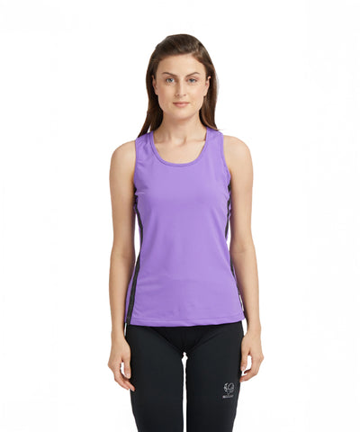 Woman wears a purple round neck sleeveless top and black leggings against a white background, highlighting the moisture-wicking design that's perfect for active workouts.