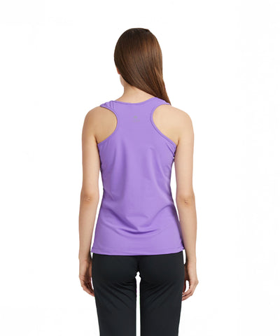 Woman with long brown hair, shown from the back, wearing a purple round neck sleeveless top and black pants.