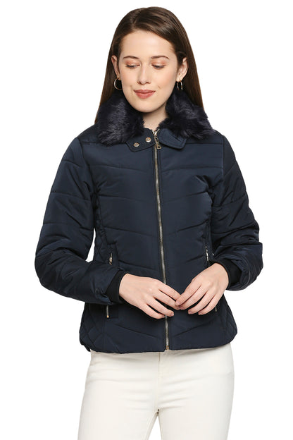 Navy Blue Fur Collar Mid Length Puffer Jacket With Zip Details