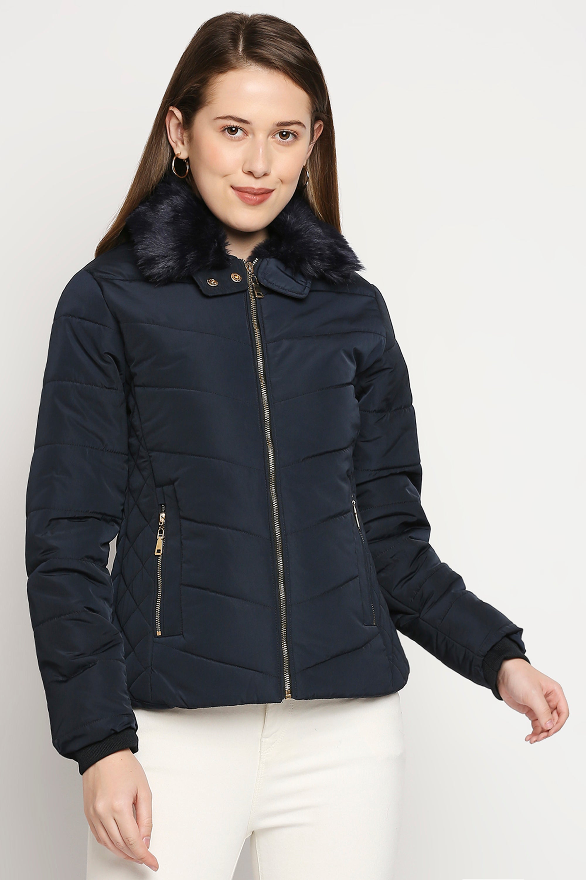 Navy Blue Fur Collar Mid Length Puffer Jacket With Zip Details