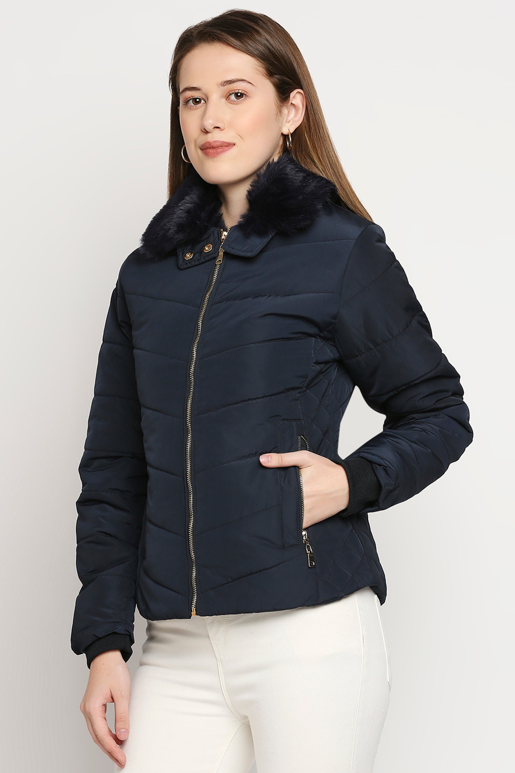 Navy Blue Fur Collar Mid Length Puffer Jacket With Zip Details