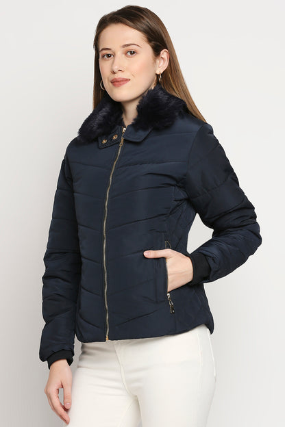Navy Blue Fur Collar Mid Length Puffer Jacket With Zip Details