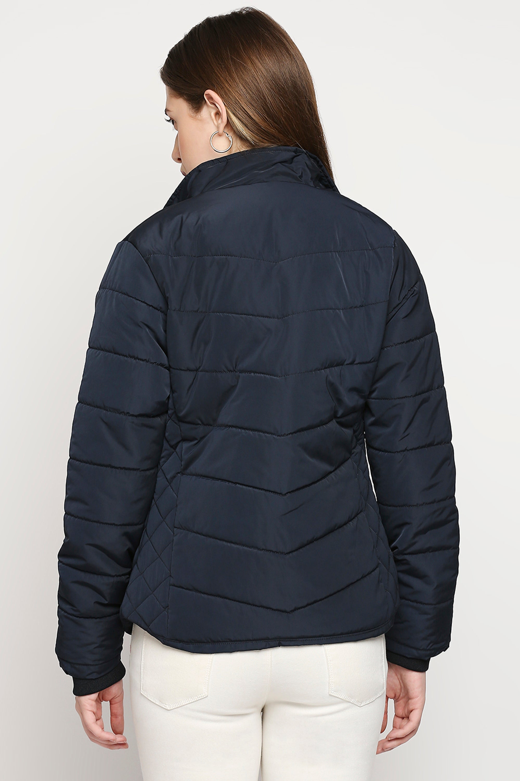 Navy Blue Fur Collar Mid Length Puffer Jacket With Zip Details