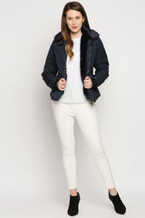 Navy Blue Fur Collar Mid Length Puffer Jacket With Zip Details
