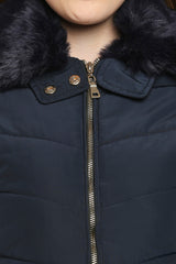 Navy Blue Fur Collar Mid Length Puffer Jacket With Zip Details