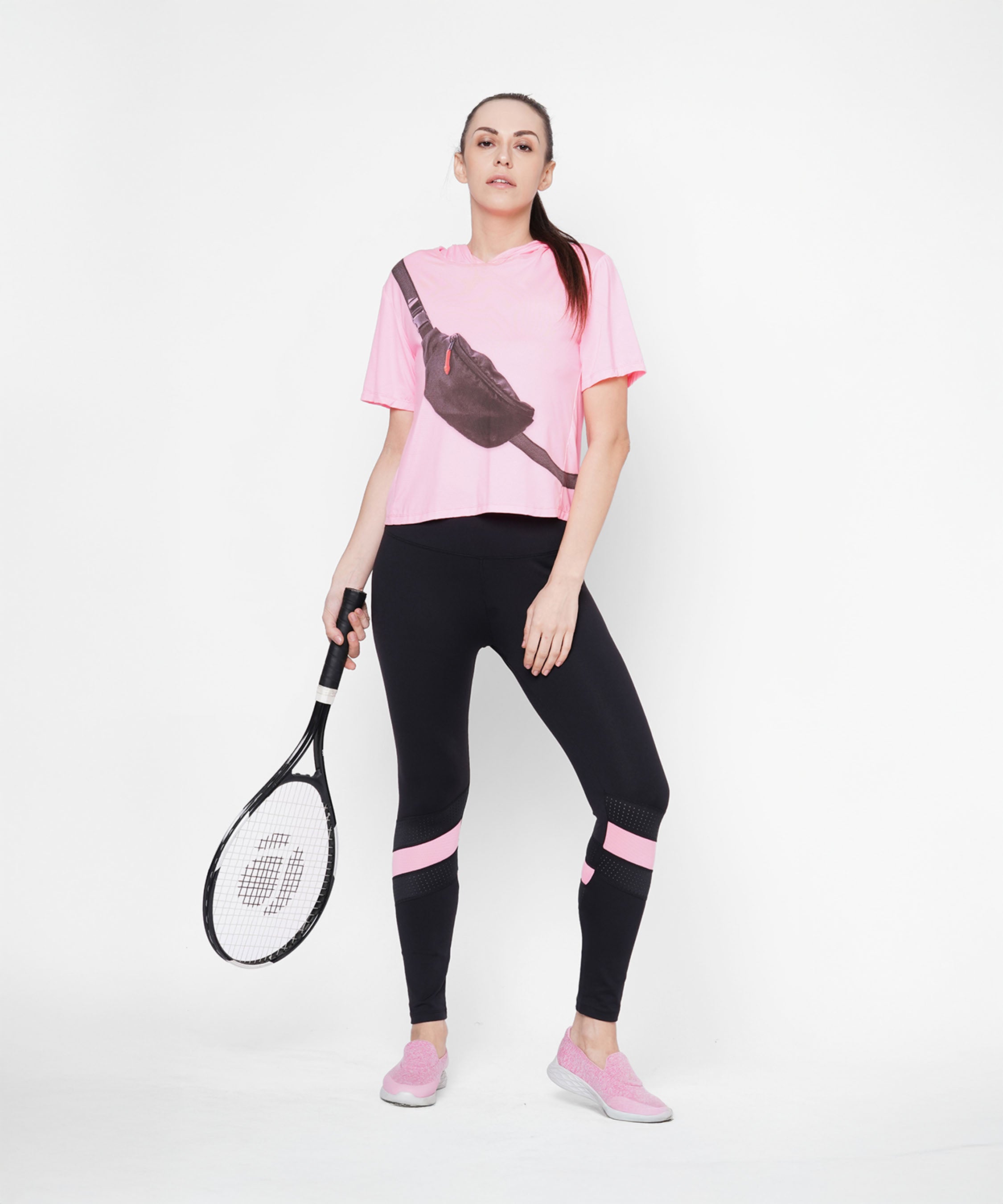 Black High Waisted Compression Legging With a Neon Pink Patch