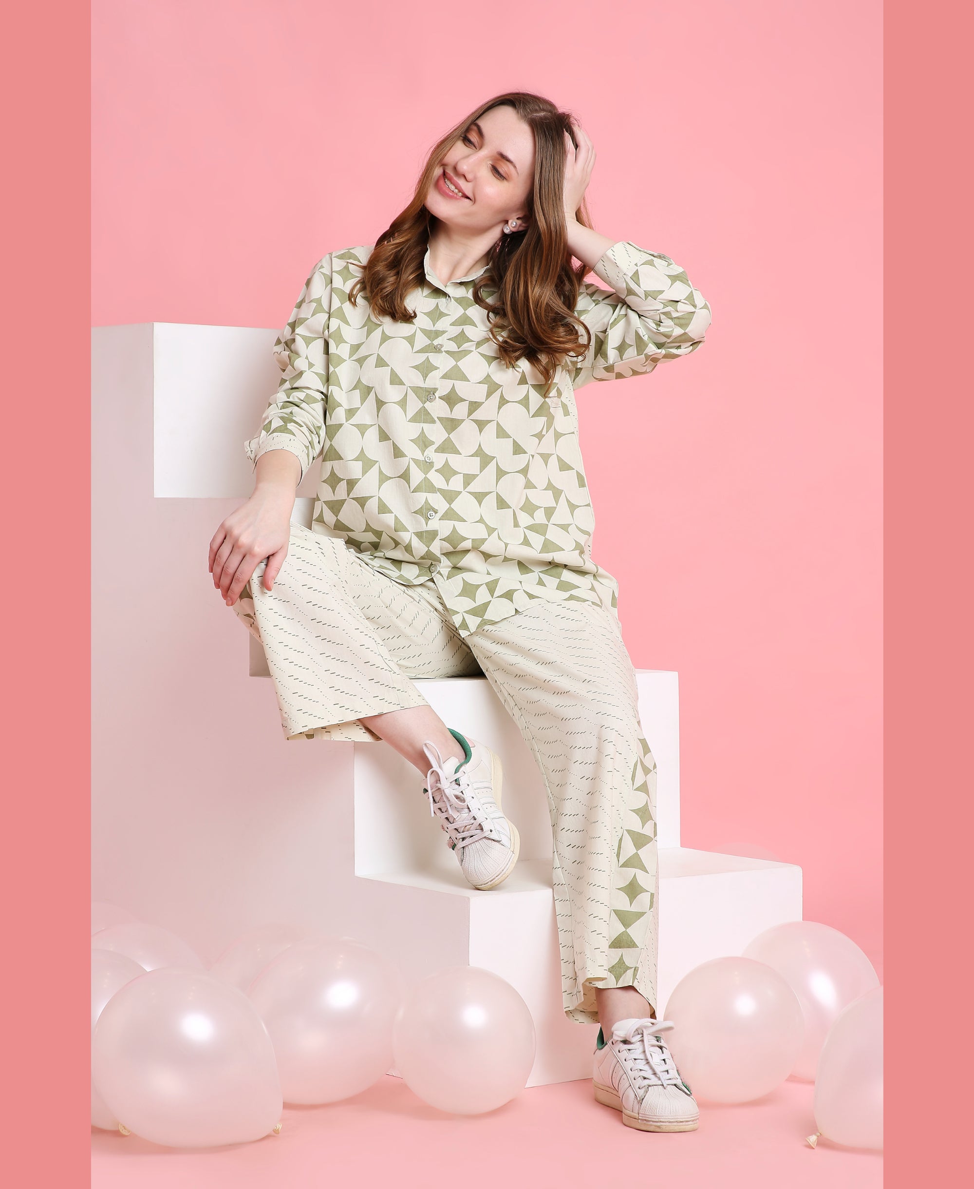 Olive Cubes Print Lounge Set