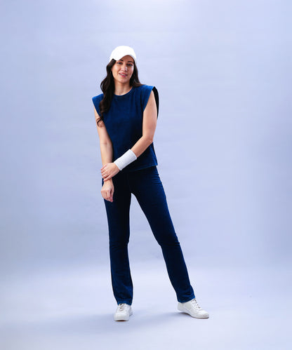Blue Denim Wash Capsleeves Tops and Bootcut Leggings Set